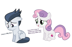 Size: 2700x1750 | Tagged: source needed, useless source url, safe, artist:lunaticdawn, derpibooru import, rumble, sweetie belle, colt, cutie mark, dialogue, female, filly, insecure, male, rumbelle, sad, shipping, simple background, straight, the cmc's cutie marks, transparent background, vector