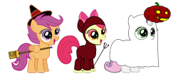 Size: 700x300 | Tagged: safe, artist:treforce, derpibooru import, apple bloom, scootaloo, sweetie belle, clothes, costume, cutie mark crusaders, devil bloom, scootawitch, spooky belle