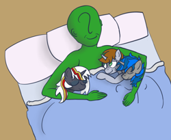 Size: 1100x900 | Tagged: safe, artist:ononim, derpibooru import, oc, oc only, oc:anon, oc:homage, oc:littlepip, oc:velvet remedy, human, pony, unicorn, fallout equestria, anon gets all the mares, anon the lesbian converter, bed, cuddling, eyes closed, female, hetero littlepip, hug, lucky bastard, male, mare, simple background, size difference, sleeping, smiling, wavy mouth