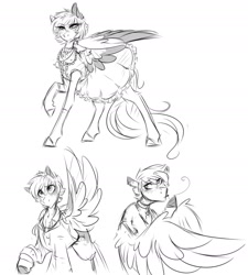 Size: 1280x1422 | Tagged: safe, artist:charly-meow, derpibooru import, oc, oc only, oc:agrume, pegasus, pony, clothes, dress, monochrome, sketch, smoking