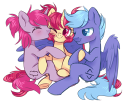 Size: 2887x2407 | Tagged: safe, artist:hawthornss, derpibooru import, oc, oc only, oc:code sign, oc:seren song, oc:spikefire, pegasus, pony, unicorn, blushing, cute, eyes closed, hug, kiss on the cheek, kissing, one eye closed, polyamory, shipping, simple background, sitting, smiling, spread wings, transparent background, winghug, wink