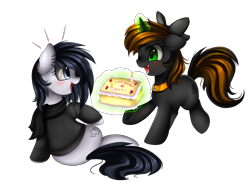 Size: 3509x2550 | Tagged: safe, artist:pridark, oc, oc only, earth pony, pony, unicorn, bow, cake, clothes, commission, duo, female, food, glowing horn, hair bow, magic, mare, one eye closed, open mouth, simple background, smiling, sweater, transparent background