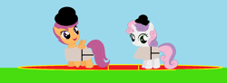 Size: 1226x452 | Tagged: safe, artist:nouseyourname, artist:selenaede, derpibooru import, scootaloo, sweetie belle, base used, clothes, costume, sumo