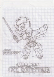 Size: 1424x2016 | Tagged: safe, artist:tay-houby, derpibooru import, oc, oc only, oc:tay, pony, bipedal, black and white, graph paper, grayscale, jedi, jedi knight, lightsaber, monochrome, pencil drawing, solo, star wars, star wars: the old republic, title, traditional art, weapon