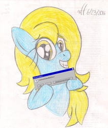 Size: 1077x1270 | Tagged: safe, artist:xwoofyhoundx, derpibooru import, oc, oc only, oc:internet explorer, browser ponies, error, error message, internet explorer, question, solo, traditional art, windows