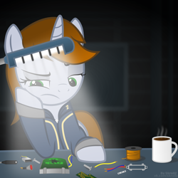 Size: 2000x2000 | Tagged: safe, artist:skrollz, derpibooru import, oc, oc only, oc:littlepip, pony, unicorn, fallout equestria, clothes, coffee, fanfic, fanfic art, female, mare, pcb, solo, vault suit, vulgar, wires