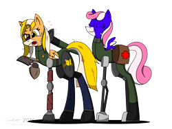 Size: 3500x2625 | Tagged: safe, artist:derpanater, derpibooru import, oc, oc only, oc:alto clarinet reed, oc:vibraphone echo, original species, pony, fallout equestria, fallout equestria: dance of the orthrus, black eye, clothes, commission, cyber pony, digital art, fanfic, fanfic art, female, funny, hooves, horn, mare, medic, medical saddlebag, mirage pony, saddle bag, simple background, tattered, transparent background