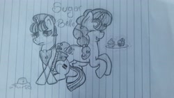 Size: 4128x2322 | Tagged: safe, derpibooru import, sugar belle, cupcake, food, happy, lineart, lined paper, lost cutiemark, photo, sad, starlight town, traditional art