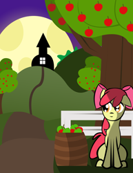 Size: 2550x3300 | Tagged: safe, artist:skyflys, derpibooru import, apple bloom, apple, food, moon, night, sweet apple acres, tree