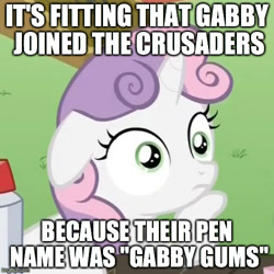 Size: 500x500 | Tagged: safe, derpibooru import, gabby, sweetie belle, pony, unicorn, the fault in our cutie marks, exploitable meme, female, filly, fridge brilliance, gabby gums, horn, image macro, meme, solo, sudden clarity sweetie belle, text, two toned mane, white coat, wide eyes