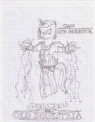 Size: 1504x1920 | Tagged: safe, artist:tay-houby, derpibooru import, oc, oc only, oc:clep, black and white, electricity, graph paper, grayscale, lined paper, monochrome, simple background, sith, sith inquisitor, solo, star wars, star wars: the old republic, traditional art