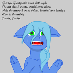 Size: 700x700 | Tagged: safe, artist:planetkiller, derpibooru import, oc, oc only, oc:adora belle, pony, bust, crying, floppy ears, frog (hoof), gray background, open mouth, poetry, sad, simple background, solo, trapped, underhoof