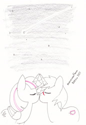 Size: 2056x2984 | Tagged: safe, artist:moronsonofboron, shadow lock, twilight sparkle, twilight sparkle (alicorn), alicorn, pony, boop, comet, commission, eyes closed, female, horns are touching, male, noseboop, shipping, stars, straight, twilock