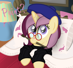 Size: 3193x3000 | Tagged: safe, artist:sollace, derpibooru import, oc, oc only, oc:lannie lona, pony, beatnik, bed, beret, clothes, glasses, looking at you, on back, paint, paintbrush, solo, sweater, turtleneck