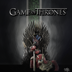 Size: 1280x1280 | Tagged: safe, artist:turbopower1000, derpibooru import, oc, oc only, alicorn, earth pony, alicorn oc, armor, crossover, duo, female, game of thrones, iron throne, male, mare, mohawk, stallion, sword, weapon