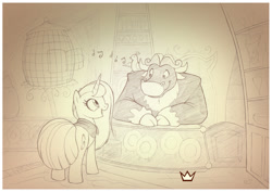 Size: 1024x723 | Tagged: safe, artist:sherwoodwhisper, derpibooru import, oc, oc only, oc:eri, bird, bird cage, birdsong, bookshelf, cape, clothes, crown, desk, fernando bullforth, jewelry, king's quest 7, monochrome, music notes, pencil drawing, regalia, rug, simple background, smiling, talking, traditional art