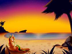 Size: 4000x3000 | Tagged: safe, artist:pinktabico, derpibooru import, oc, oc only, pegasus, pony, absurd resolution, beach, color porn, commission, island, ocean, patreon, rock, sand, scenery, seashore, solo, sunset