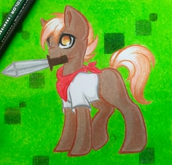 Size: 3032x2912 | Tagged: safe, artist:emberslament, derpibooru import, button mash, earth pony, pony, bandana, clothes, colt, minecraft, prismacolors, shirt, solo, sword, traditional art, weapon