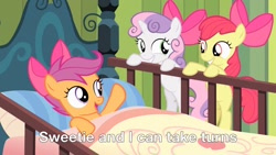 Size: 1280x720 | Tagged: safe, derpibooru import, screencap, apple bloom, scootaloo, sweetie belle, pony, season 4, somepony to watch over me, apple bloom's bow, bed, bow, caption, cutie mark crusaders, hair bow, out of context