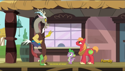 Size: 1359x767 | Tagged: safe, derpibooru import, screencap, big macintosh, discord, spike, dragon, earth pony, pony, dungeons and discords, discovery family logo, male, reference, stallion, star trek