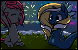 Size: 1442x935 | Tagged: safe, artist:starshinebeast, derpibooru import, oc, oc only, oc:glitch desire, oc:tidal charm, changeling, original species, brexit, changeling oc, colt, female, filly, fireworks, foal, male, pink changeling, seaunicorn, white cliffs of dover