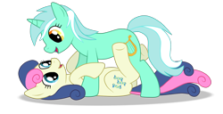 Size: 1624x829 | Tagged: safe, artist:agent-pits, derpibooru import, bon bon, lyra heartstrings, sweetie drops, earth pony, pony, unicorn, adorabon, cute, female, lesbian, lyrabetes, lyrabon, on back, on top, shipping, simple background, transparent background, vector