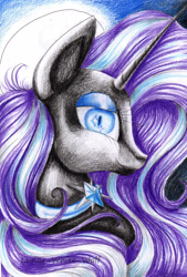 Size: 2305x3409 | Tagged: safe, artist:lunar-white-wolf, derpibooru import, idw, nightmare rarity, full moon, night sky, solo, traditional art