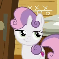 Size: 200x200 | Tagged: safe, derpibooru import, screencap, sweetie belle, the fault in our cutie marks, cutie mark, reaction image, smiling, smirk, smug, solo, the cmc's cutie marks