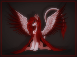 Size: 1600x1200 | Tagged: source needed, safe, artist:sevenada, derpibooru import, oc, oc only, pegasus, pony, cloak, clothes, long mane, raised tail, smirk, solo, spread wings, tail, tongue out