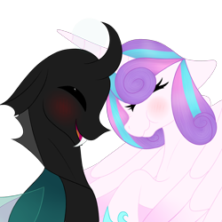 Size: 3150x3150 | Tagged: safe, artist:mlpchannelire02, derpibooru import, princess flurry heart, thorax, changeling, the times they are a changeling, blushing, eyes closed, floppy ears, flurrax, happy, male, older, scrunchy face, shipping, smiling, straight