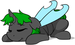 Size: 1280x769 | Tagged: safe, artist:furrgroup, derpibooru import, oc, oc only, oc:bucketling, changeling, cute, female, green changeling, sleeping, solo