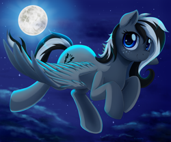 Size: 2800x2333 | Tagged: safe, artist:evomanaphy, oc, oc only, oc:shady hearts, pegasus, pony, cloud, commission, female, flying, full moon, looking at you, mare, moon, night, sky, smiling, solo, spread wings, stars, wings