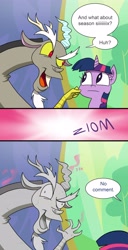 Size: 2481x4835 | Tagged: safe, artist:doublewbrothers, edit, discord, twilight sparkle, twilight sparkle (alicorn), alicorn, pony, celestial advice, absurd resolution, anger magic, annoyed, comic, dialogue, female, looking at you, magic, male, mare, petrification, smiling, speech bubble, stallion, statue