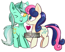 Size: 2821x2244 | Tagged: safe, artist:oreomonsterr, derpibooru import, bon bon, lyra heartstrings, sweetie drops, pony, female, heart, lesbian, looking at each other, lyrabon, mare, one eye closed, open mouth, shipping, simple background, watermark