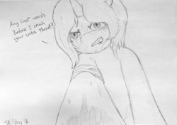 Size: 1280x902 | Tagged: safe, artist:holliday, derpibooru import, oc, oc only, oc:gang violence, pony, unicorn, bandage, dialogue, monochrome, scar, solo, traditional art