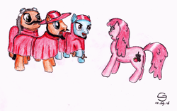 Size: 2332x1460 | Tagged: safe, artist:s-guide, derpibooru import, berry punch, berryshine, monty python, ponified, spanish inquisition, traditional art