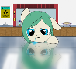 Size: 6600x6000 | Tagged: safe, artist:candylines, derpibooru import, oc, oc only, oc:emerald spark, fallout equestria, absurd resolution, drool, laboratory, reflection, solo