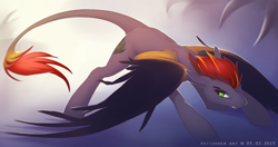 Size: 1280x675 | Tagged: safe, artist:antiander, derpibooru import, oc, oc only, dracony, hybrid, colored wings, female, leonine tail, looking back, mare, solo, spread wings, wings