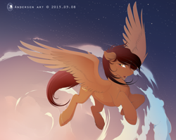 Size: 2889x2300 | Tagged: source needed, safe, artist:antiander, derpibooru import, oc, oc only, pegasus, pony, flying, open mouth, sky, solo, spread wings