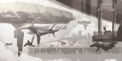 Size: 1000x500 | Tagged: safe, artist:xennos, derpibooru import, airship, alternate universe, futuristic, monochrome, science fiction, wip