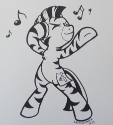 Size: 660x726 | Tagged: safe, artist:latecustomer, derpibooru import, oc, oc only, oc:mcmiag, zebra, chest fluff, fake cutie mark, headphones, monochrome, sticky note, traditional art