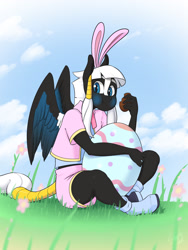 Size: 1920x2558 | Tagged: safe, artist:skecchiart, oc, oc only, oc:corvus rey, anthro, pegasus, plantigrade anthro, anthro oc, bunny ears, chocolate, clothes, easter, easter egg, eating, food, gift art, grass, holiday, shoes, solo