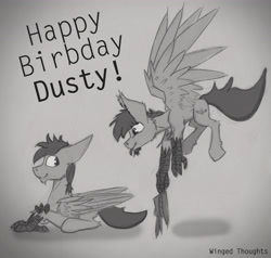 Size: 4795x4565 | Tagged: safe, artist:wingedthoughts, derpibooru import, oc, oc only, oc:hard cider, oc:wingedthoughts, hippogriff, absurd resolution, birb, birthday, flying, happy, hat, piercing, silly, talons, tongue out, wings