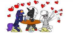 Size: 1373x743 | Tagged: safe, artist:tay-houby, derpibooru import, oc, oc only, oc:emerl, oc:moonligth, oc:tay, pegasus, pony, unicorn, hay, heart, meeting, milkshake, sharing a drink, table