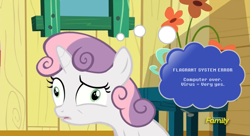 Size: 1361x740 | Tagged: safe, derpibooru import, edit, edited screencap, screencap, sweetie belle, the fault in our cutie marks, derp, discovery family logo, error message, faic, homestar runner, thought bubble