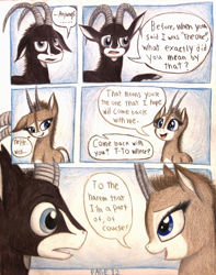 Size: 1076x1368 | Tagged: safe, artist:thefriendlyelephant, derpibooru import, oc, oc only, oc:sabe, oc:uganda, antelope, giant sable antelope, comic:sable story, animal in mlp form, bashful, cloven hooves, comic, horns, speech bubble, surprised, traditional art