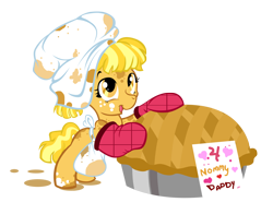 Size: 1368x1072 | Tagged: safe, artist:moostargazer, derpibooru import, oc, oc only, oc:peachykeen, apron, chef's hat, clothes, food, hat, messy, offspring, oven mitts, parent:applejack, parent:flim, parents:flimjack, pie, simple background, transparent background