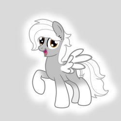 Size: 700x700 | Tagged: safe, artist:tay-houby, derpibooru import, oc, oc only, oc:tay, oc:taylor, pegasus, pony, :d, glow, gray background, looking at you, open mouth, raised hoof, rule 63, simple background, smiling, solo, spread wings