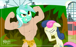 Size: 2630x1618 | Tagged: safe, artist:killryde, derpibooru import, bon bon, lyra heartstrings, sweetie drops, human, bare chest, bon bon is not amused, carnival, clothes, facehoof, humie, photo stand-in, topless