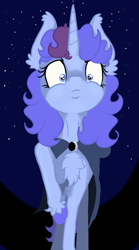 Size: 859x1541 | Tagged: safe, artist:paskanaakka, derpibooru exclusive, oc, oc only, oc:midnight dew, pony, unicorn, chest fluff, cloak, clothes, colored hooves, ear fluff, looking at you, night, raised hoof, solo, stars, unshorn fetlocks